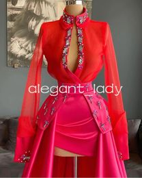 Chemise rouge en Organza en Satin rose, robe de bal, illusion, manches longues, perles de cristal, haut et bas, deux tons, robes de soirée d'anniversaire