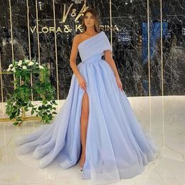 Organza Sky Blue Formal Formal Night One Shoulder Sexy Split Puff Tulle Long Party Dress Vestidos de fiesta A-Line Robe de Mariee Plus Size ES