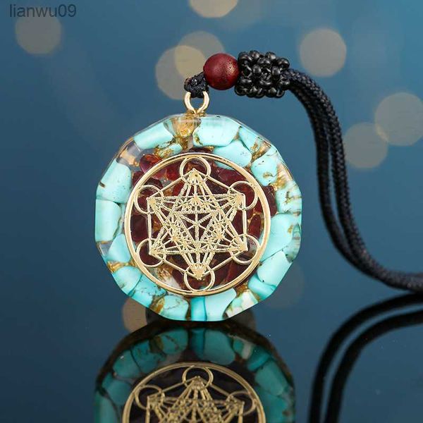 Orgonite Energy Lotus Pendentif Collier Turquoises Reiki Om Yoga Guérison EMF Résine Sri Yantra Collier Bijoux Cadeaux Dropshipping L230704