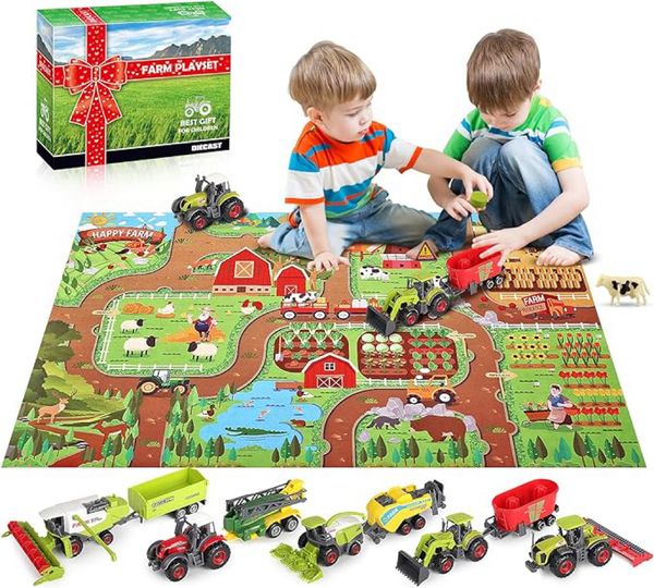 Oriate Farm Tracteur Toys Véhicule avec des animaux de ferme Mat de jeu d'activité, 38 pièces éducatives réalistes de bricolage de bricolage