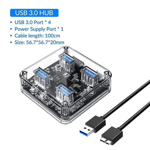 Adaptateur séparateur USB Transparent, HUB USB 3.0 multi-4 Ports haute vitesse avec Interface de charge d'alimentation pour ordinateur portable