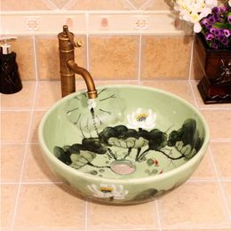 Orient claro loto China pintura hecha a mano lavabo baño recipiente fregaderos encimera arte lavabo cerámica lavabo Kebdi