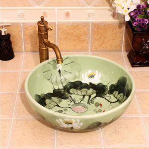 Orient clair lotus chine peinture à la main lavabo salle de bain navire éviers comptoir art bassin céramique bassin Wgwtn
