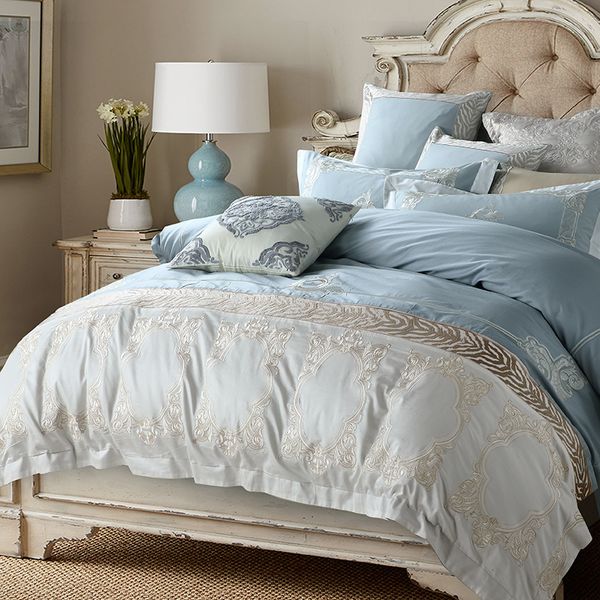 Juego de cama de lujo de algodón egipcio azul con bordado oriental, juego de cama tamaño Queen King, funda nórdica, juego de sábanas, funda de almohada T200706