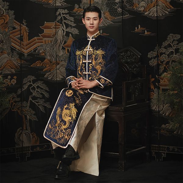 Chaqueta de traje de boda para novio Oriental + bata para hombre, traje azul grande Hanfu Tang, ropa bordada, vestido de dragón para chinos en el extranjero