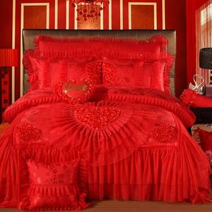 Oriental dentelle rouge rose mariage luxe royal ensemble de literie queen king size couvre-lit drap plat ensemble housse de couette chambre ensemble 201114