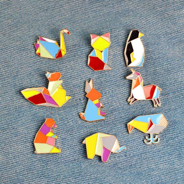 Origami lapin éléphant ours renard écureuil cygne broche bouton broches Denim jean émail broche Badge dessin animé bijoux cadeau