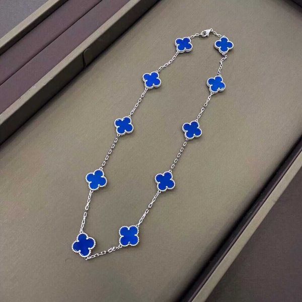 Original 1to1 Van C-A Version Lucky High Trèfle V Or Dix Fleurs Collier Femme Bleu Jade Moelle Épaissi Placage 18K pour un Niveau SenseEFZ6