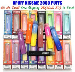 Original 2 Kissme 2000 Puffs Vape Disposable Vape 85 ml Pods 20mg Bold 50 Dispositifs 950mAh Batterie cobalt Great Taste Pen Vpuff E Cigare7215314