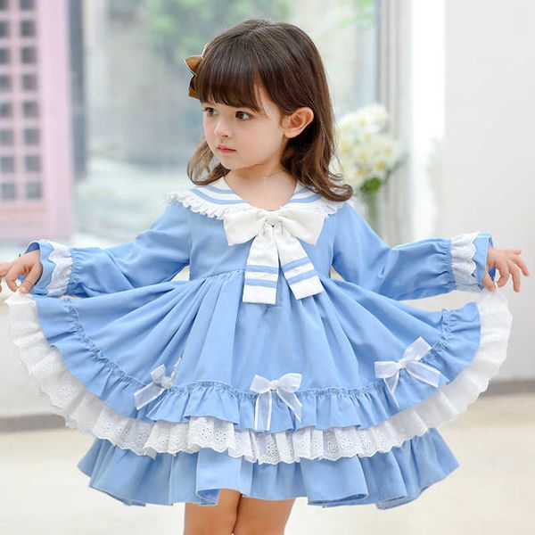 Original 2020 otoño infantil Lolita vestido forro de algodón manga larga encaje marinero cuello estilo español niño niña ropa de otoño Q0716