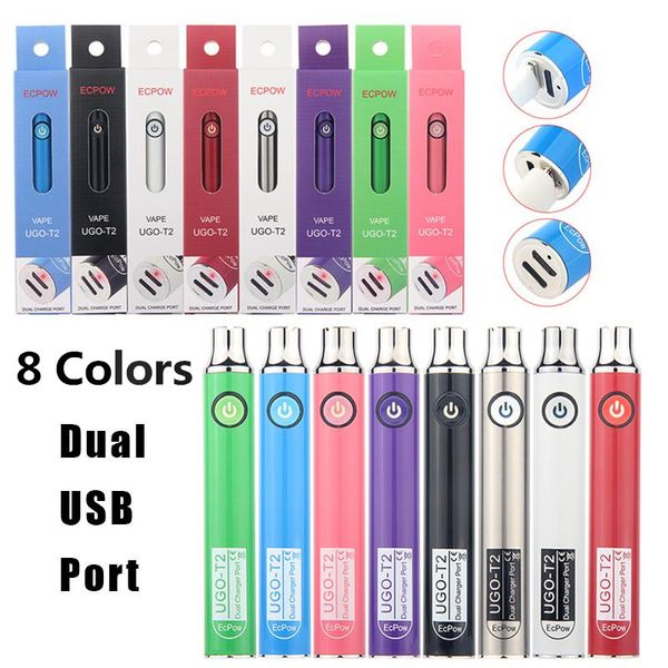Precalentamiento de la batería Ugo T2 Kits de cigarrillos electrónicos 8 colores 650 900 MAH con carga DUAL USB Puerto VAPE VAVAIBLE VOLTAJE 3.4 ~ 4.0 V
