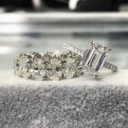 Anéis de casamento de noivado de prata esterlina 925 originais para mulheres Luxo corte esmeralda 4CT Simulação de anéis de diamante Conjuntos de joias de platina