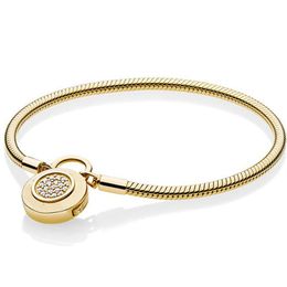 Original 925 argent Sterling couleur or Logo Signature cadenas lisse serpent Pan Bracelet Bracelet ajustement perle charme bijoux CX200623248e