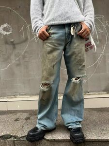 Original Ac lavé jean ample teint jean endommagé lavé jambes larges en détresse haute rue Jeans décontractés lâche hommes Hiphop jean