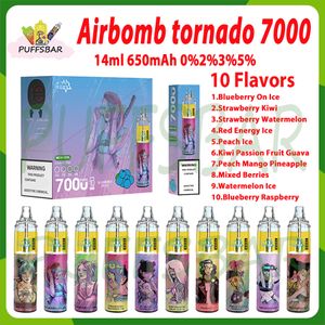 Original Airbomb Tornado 7000 Puff jetable Vape Pen 14 ml pré-rempli Pod Mesh Coil rechargeable réglable en air 0% 2% 3% 5% Puffs 7k E Kit de cigarette