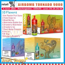 Tornado Airbomb d'origine 9000 Puffle jetable Vape Pen Electronic Cigarette 18 ml 10 saveurs Dispositif de climatisation rechargeable Kit de vape Puff 9k