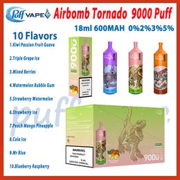 Tornado Airbomb d'origine 9000 Dispositif de cigarette électronique jetable Puffle POD 18ML POD PRÉFILET 600mAH Batterie rechargeable 10 FLAVORS 0% 2% 3% 5% 9K Puffes Vapes