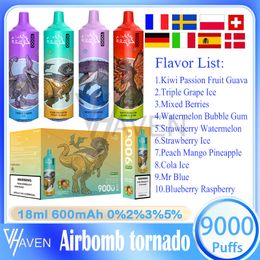 Tornado original de airbomb 9000 bocanadas de vape desechable de vape 18 ml de vainas repletadas 10 sabores de 600 mAh Batería recargable e cigarrillos 9K