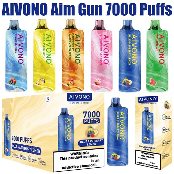 Original AIVONO Aim Gun 7000 Puffs Vape jetable E Cigarette Puff 7000 0% 2% 5% 12ML Pod pré-rempli 1.2Ω Bobine de maille 600mah Stylo de batterie rechargeable