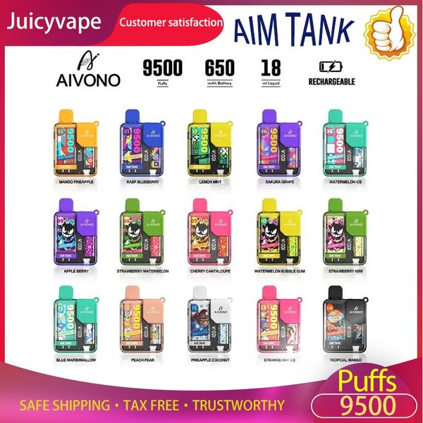 Original AIVONO Aim Tank 9500Puffs Vape desechables E Cigarrillos 18 ml Bobina de malla Pod 0% 2% 3% 5% 650mah Batería recargable E Cigs Vaper 9500 Pen