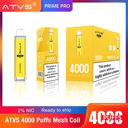 Originele ATVS Crystal 4000 Puff wegwerp-e-sigaretten 1,0 ohm mesh-spoel 10 ml batterij niet-oplaadbare elektronische sigaretten 0% 2% 3% 5% wegwerpvape-bar 10 smaken op voorraad