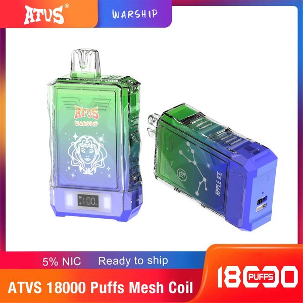 Original ATVS Warship 18000 Puffs Cigarrillos electrónicos desechables Pantalla indicadora Indicador de potencia 1.0Ohm Bobina de malla 25 ml Pod Batería Recargable E Cigs Puff 18K 5% Vape Kit