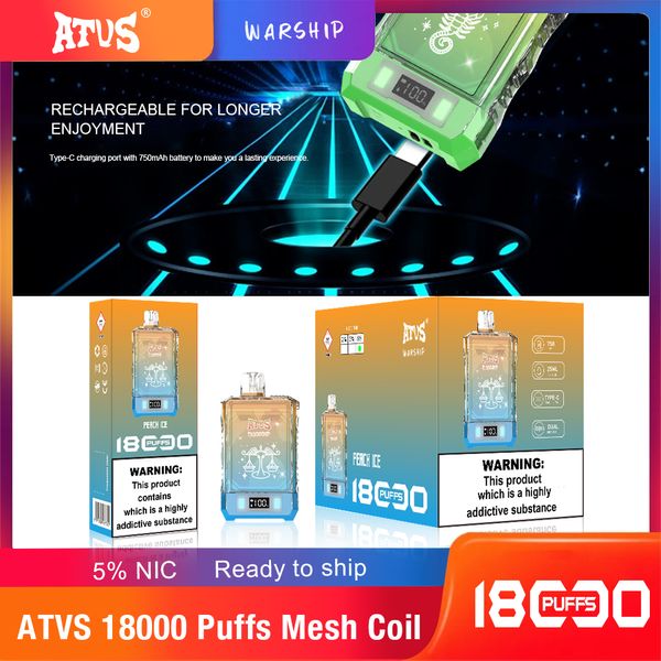 Original ATVS WARSHIP Box 18000 Puffs Vape desechable 18K 750 Mah Tipo-C Carga 25 ml con pantalla de visualización de batería 16 sabores 0% 2% 5% Cigarrillos electrónicos