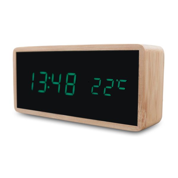 Despertador de madera de bambú original Pantalla LED con temperatura de espejo Reloj digital Escritorio Reloj de mesa digital 201120