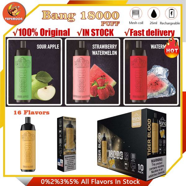 Étui en cuir original Bang 18000 bouffées Cigarettes électroniques jetables 18000 bouffées 26 ml E-liquide Mesh Coil Batterie rechargeable 16 couleurs Puff 18K Bang King Box Vaper 15k 12k