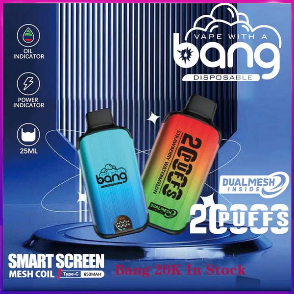 Écran intelligent Bang original 20000 bouffées de cigarettes électroniques jetables Puff 20K Kit de boîte de vape Bobine à double maille vs Puff 18000 12000 Vaper rechargeable 0% 2% 3% 5%