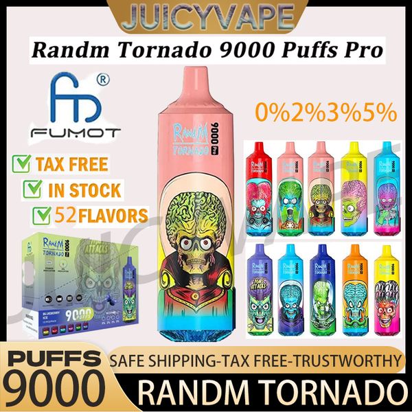 Original RandM Tornado 9000 Pro con pantalla digital Puff 9K Vape desechable Bobina de malla Cigarrillos electrónicos recargables 0% 2% 3% 5% Vaper Fumot Vapes Pen 52 sabores en stock 12k 15k