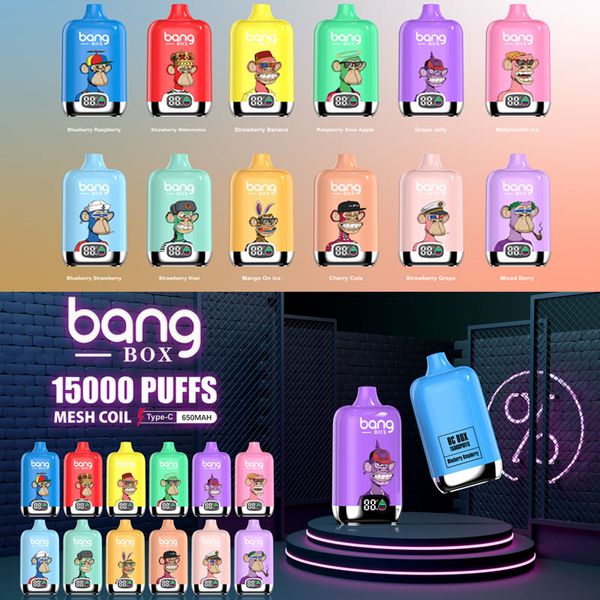 Original Bang Box 15000 Puff Vapes desechables Pen Puff Pantalla digital 15K Cargador desechable tipo C Vape 650mAh Batería 23ml Pods precargados Carros 12000 Puff