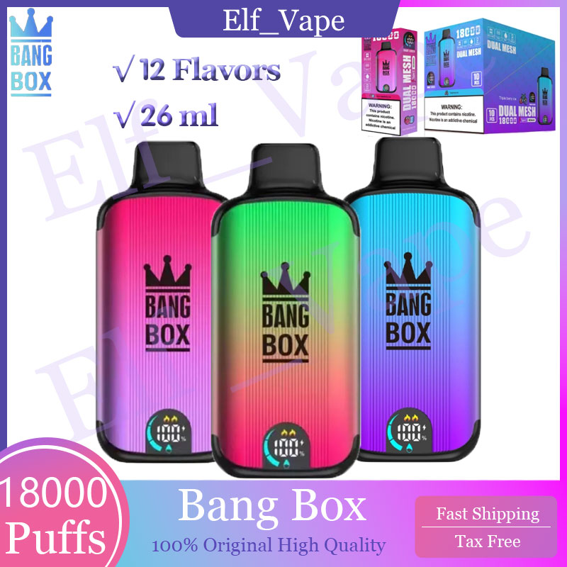 Оригинальная Bang Box 18000 затяжек Одноразовая электронная сигарета Bang 18k Vape Pen 26 мл 850 мАч Перезаряжаемая сетчатая катушка 12 вкусов 0% 2% 3% 5% 18k Bang Vape