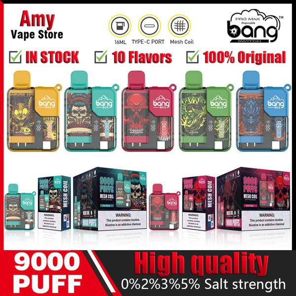 Original Bang Box 9000 Puffs Saveurs de stylo E-Cigarette jetables 16 ml Coil Vaper E-Cigarette jetable 2% 3% 5% Vapes 10 couleurs Système de vapes