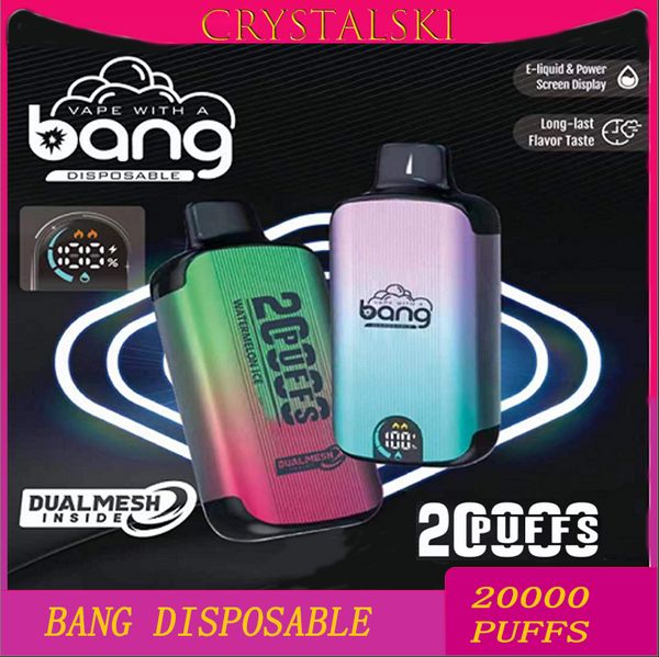 Bang 20000puff Disposable E Cigarettes 1,0 ohm Mesh Bobine 23 ml Pod Batterie Rechargeable Cigs électronique Puff 20K 0% 2% 3% 5% Kit de stylo vape personnalisable