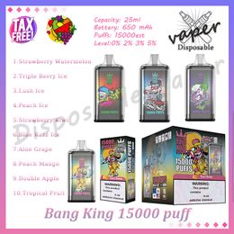 Originele Bang King 15000 Puff wegwerp vape-pen Mesh Coil 25 ml voorgevulde pod 650 mAh oplaadbare batterij 0% 2% 3% 5% verdamper 15k E-sigaret 10 smaken op voorraad