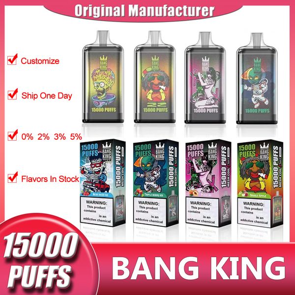 Original Bang King 15000 Puff Cigarettes électroniques jetables 1,0 ohm Bobine de maille 23 ml Batterie rechargeable Cigs électroniques Puff 15K 0% 2% 3% 5% Kit de stylo Vape personnalisable