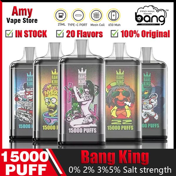 Original Bang King 15000 Puffs Vapes jetables E Cigarettes 0% 2% 3% 5% Puff 15k 25ml Pod prérempli 1.0ohm Bobine de maille 650mah Batterie rechargeable Vaper stylo