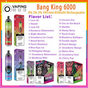 Original Bang King 6000 Puff Einweg-E-Zigaretten, 850-mAh-Akku, 24 Geschmacksrichtungen, wiederaufladbarer Verdampfer, 14 ml vorgefüllte Mesh-Spule, Einweg-Vape-Stift mit 0 % 2 % 3 % 5 % Füllstand