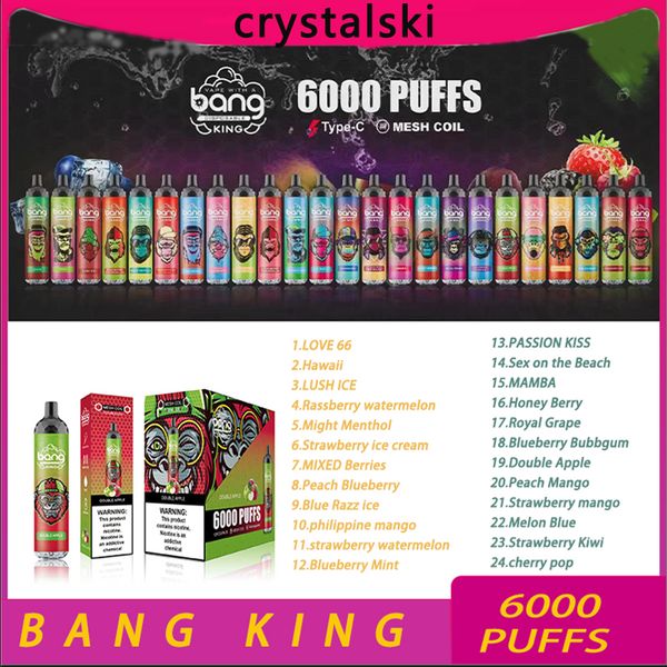 Bang King 6000 Puffs Bars jetables E cigarettes Vape Pen 14 ml Cartouche de dosettes pré-remplies 1100 mAh Batterie rechargeable 24 saveurs