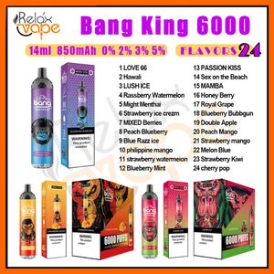 Originele Bang King 6000 Rookwolken Wegwerp Vape Pen 0% 2% 3% 5% Niveau Mesh Coil 14ml Voorgevulde 850mAh Oplaadbare Batterij 24 Smaken Kleuren E Sigarettenrookwolken 6k Apparaat Voorraad