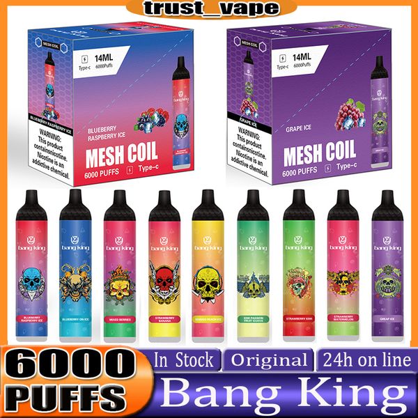 Original Bang King 6000 Puffs Dispositivo de cigarrillo electrónico desechable Pod Kit 850mAh Batería recargable Precargada 14ml Cartucho de bobina Vape Stick Pen VS Bang 6000