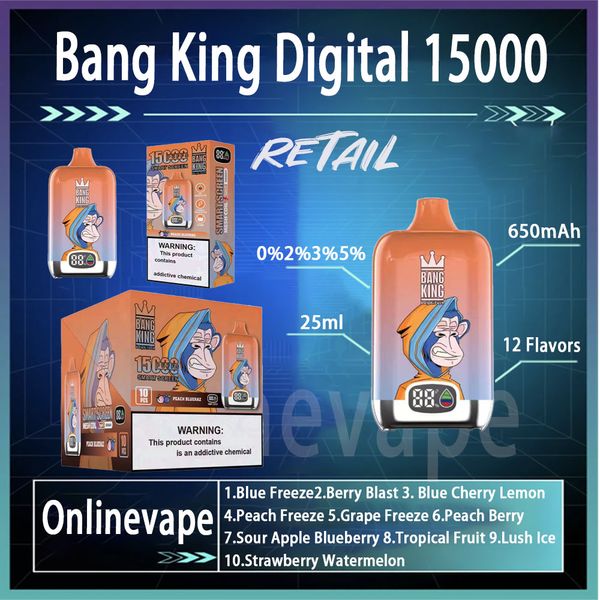 Kit original de dispositif de cigarette de bouffée d'écran intelligent de Bang King Digital 15000 650mAh batterie rechargeable pré-chargée 25 ml 10 saveurs Vape Pen
