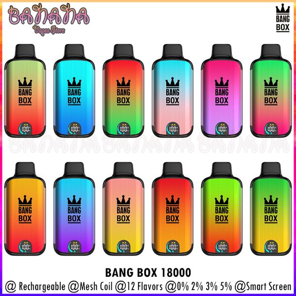 Original Bang Box Puff 18000 Cigarrillos electrónicos desechables 18K Puffs Vape Pen Bobina de malla dual Batería recargable de 850 mAh Vaporizadores de 26 ml con pantalla inteligente