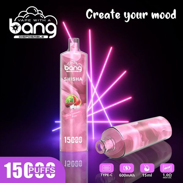 Original Bang SHISHA 15000 Puff jetable Vape Pen 15k Puff Vape Bang 23 ml Cartouches pré-remplies Pod 650 mAh Batterie rechargeable LED Couleur de la lumière Puff 15k Vape