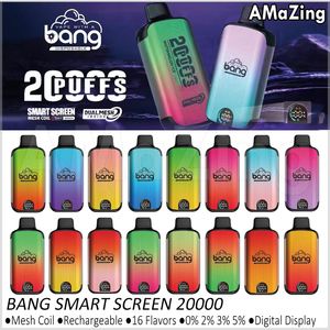 Original Bang Smart Screen Puff 20000 Vapes jetables 20K Puffs E Cigarettes Box Kit Double Mesh Coil Vaper rechargeable 0% 2% 3% 5% 16 saveurs