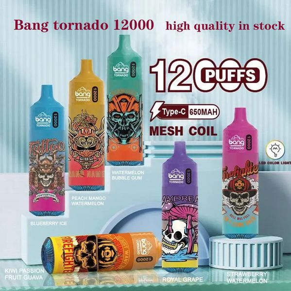 100% original Bang TORNADO 12000 bouffées Stylo vape jetable 12k bouffée vape Bangbar 20 ml cartouches préremplies pod 650 mah batterie rechargeable kit de couleur de lumière LED