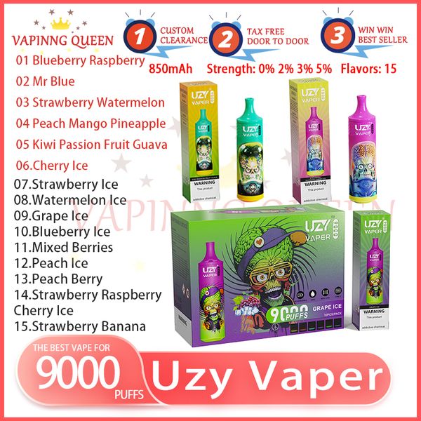 UZY Vaper 9000 Puff Jetable Vape Pen 18ml E Cigarettes 0% 2% 3% 5% Force Vaporisateur Batterie Rechargeable 850mAh 15 Saveurs Puffs 9K