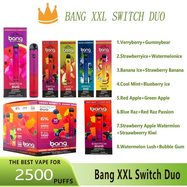 Original Bang XXL Switch Duo 2500 Puff Cigarette électronique jetable Vape Pen 1100mAh batterie 6% concentration Pods kit de vapeur pré-rempli Bang 2500 Puffs