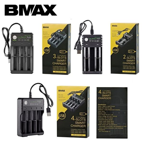 Cargador de batería Bmax Original, 2, 3, 4 ranuras para bahía, cargadores USB de litio para baterías recargables 18650 18350 16450, en Stock